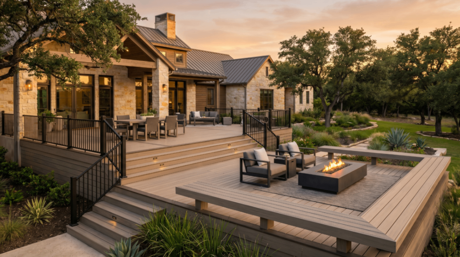 Large composite deck with integrated fire feature and premium railings.