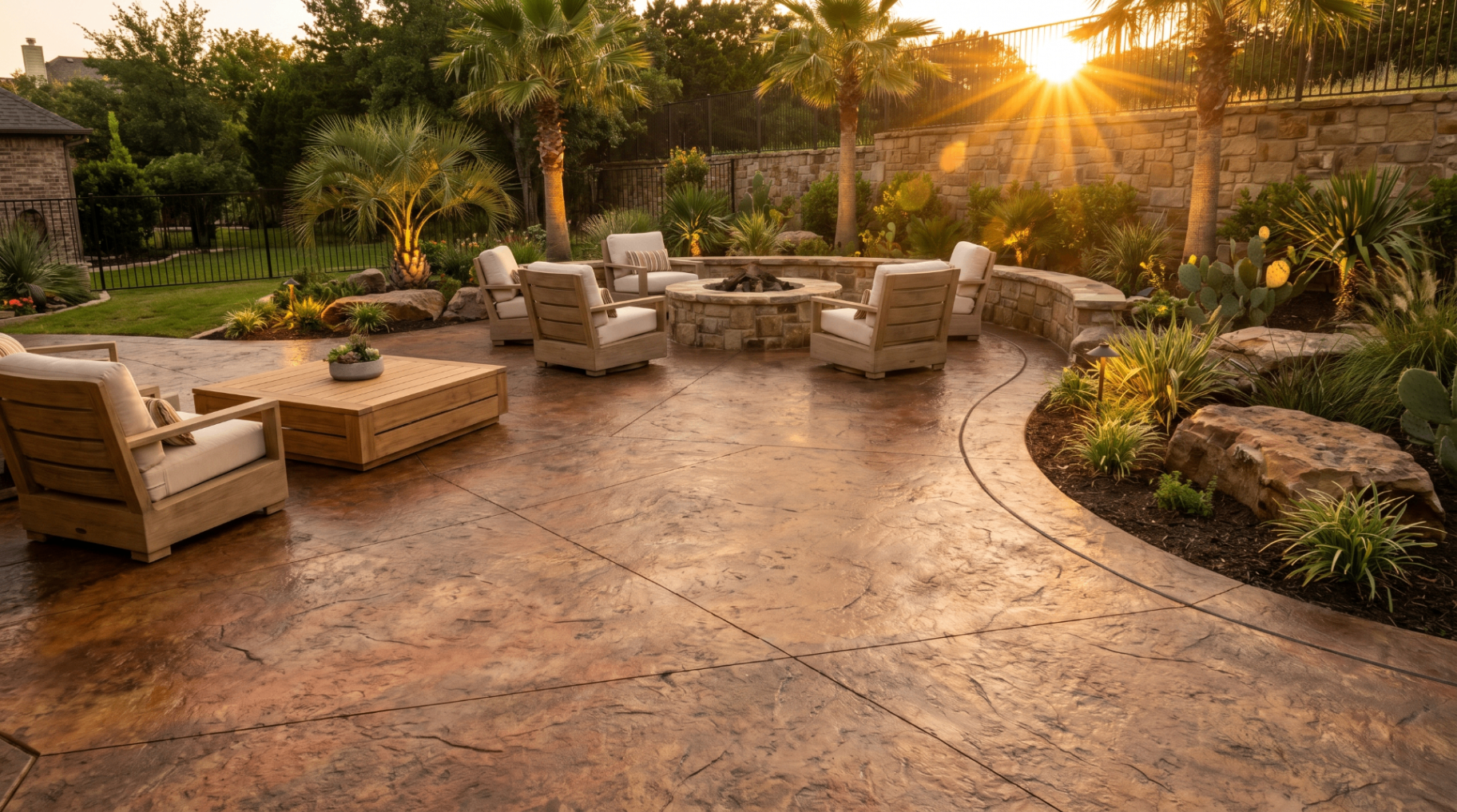 Stamped concrete patio arranged around a circular stone fire pit with palm landscaping.