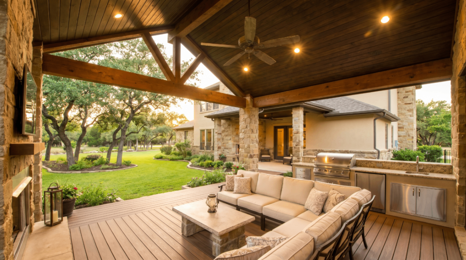 Attached patio cover with outdoor kitchen and lounge seating overlooking a landscaped backyard.