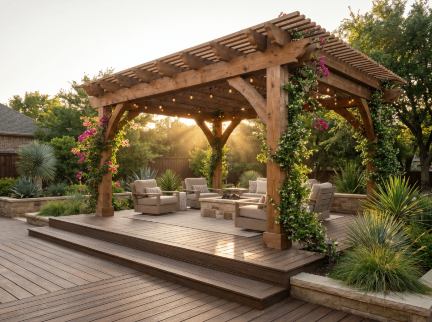 Custom cedar pergola with flowering vines and a seating area beneath it.