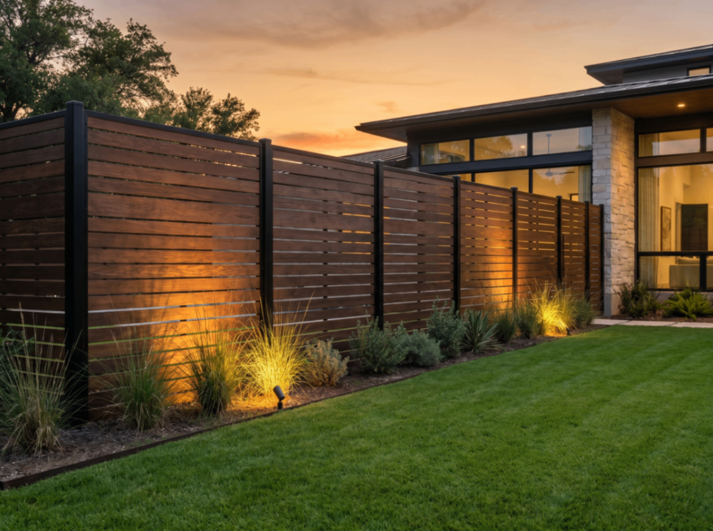 Premium composite fence with black posts beside a modern Texas home at sunset.