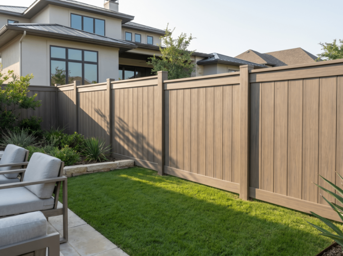 Modern slat fence in a luxury backyard.
