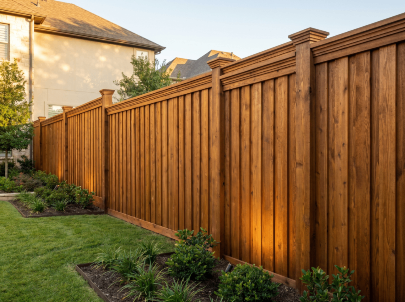 Warm cedar privacy fence with landscape lighting.
